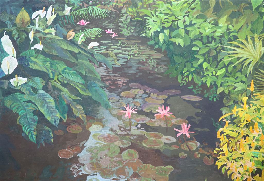 Vincent Marignane (Contemporary French School), acrylic on canvas, Waterlilies, 99 x 140cm, unframed